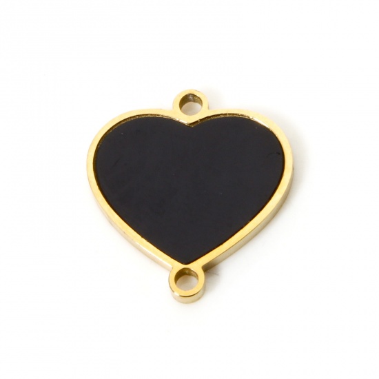 Picture of 1 Piece Vacuum Plating 304 Stainless Steel & Natural Shell Charms 18K Gold Plated Black Heart 13mm x 12mm