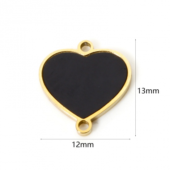 Picture of 1 Piece Vacuum Plating 304 Stainless Steel & Natural Shell Charms 18K Gold Plated Black Heart 13mm x 12mm