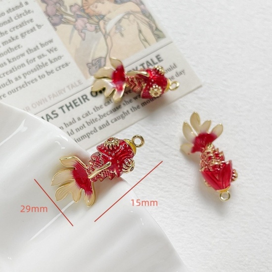 Imagen de 1 Unidad Respetuoso del Medio Ambiente Latón Joyería del océano Colgantes Pez de colores 18K Oro Real Chapado Rojo Movible Naranja-rojo Circón Artificial 29mm x 15mm