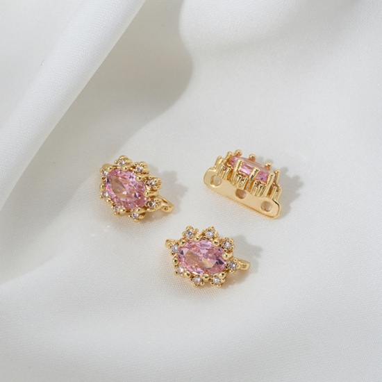 Picture of 2 PCs Eco-friendly Brass Spacer Beads For DIY Bracelet Jewelry Making Findings 14K Real Gold Plated Oval Clear Cubic Zirconia Pink Rhinestone About 12mm x 9mm