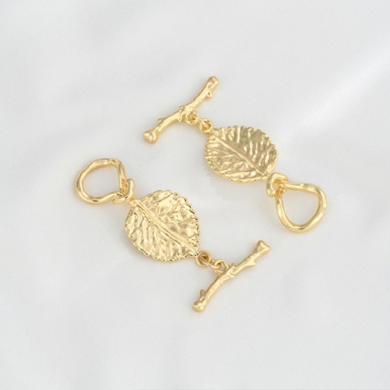 Picture of 1 Set Eco-friendly Brass Toggle Clasps Leaf 14K Real Gold Plated 3.5cm x 1.5cm