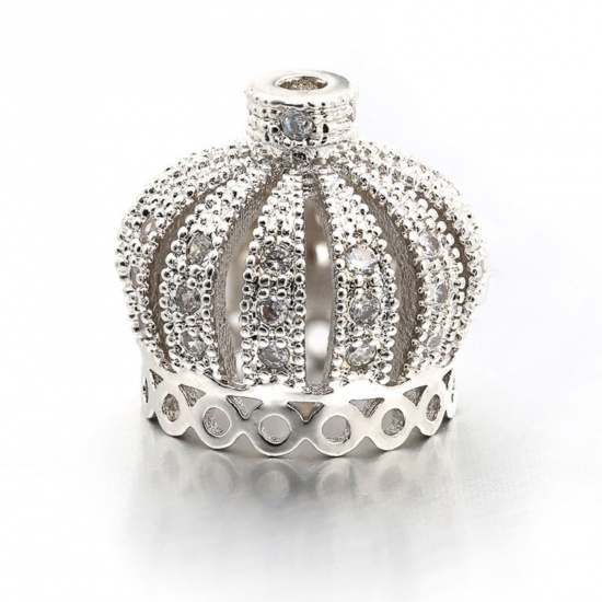 Picture of 1 Piece Eco-friendly Brass Tassel Beads Cap Crown Platinum Plated Micro Pave Clear Cubic Zirconia 14mm x 13mm