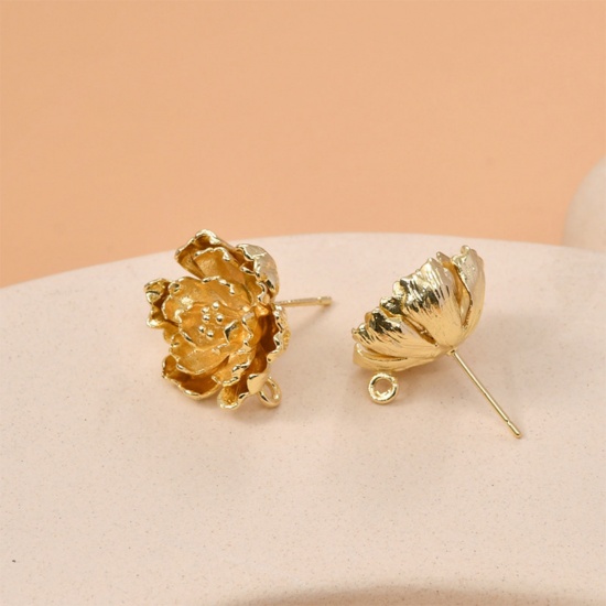 Picture of 2 PCs Brass Ear Post Stud Earring For DIY Jewelry Making Accessories 18K Gold Plated Flower With Loop 18mm