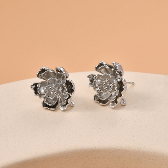 Picture of 2 PCs Brass Ear Post Stud Earring For DIY Jewelry Making Accessories Platinum Plated Flower With Loop 18mm