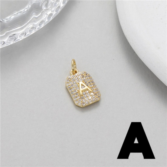 Picture of 1 Piece Brass Micro Pave Charms 14K Gold Plated Rectangle Capital Alphabet Initial Letter Message " A " Clear Cubic Zirconia 17mm x 9mm