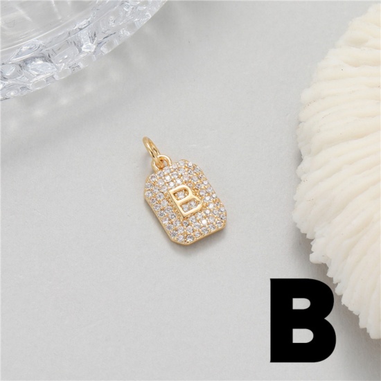 Picture of 1 Piece Brass Micro Pave Charms 14K Gold Plated Rectangle Capital Alphabet Initial Letter Message " B " Clear Cubic Zirconia 17mm x 9mm