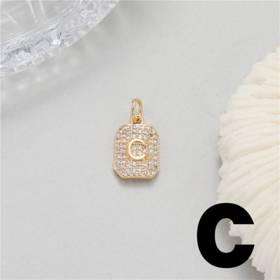 Picture of 1 Piece Brass Micro Pave Charms 14K Gold Plated Rectangle Capital Alphabet Initial Letter Message " C " Clear Cubic Zirconia 17mm x 9mm