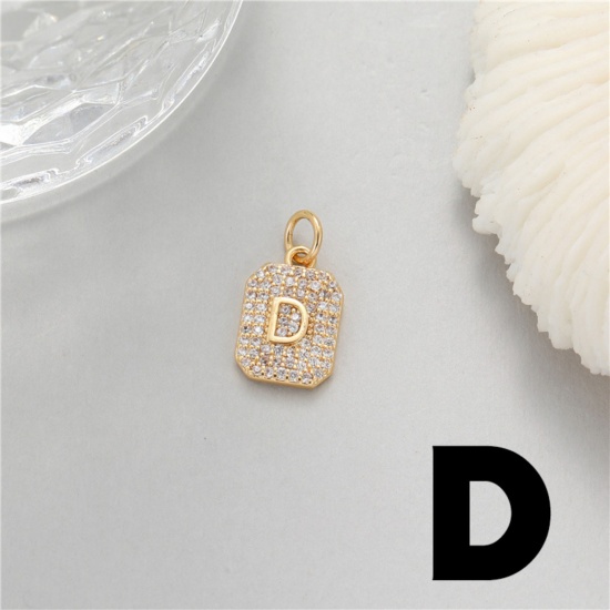 Picture of 1 Piece Brass Micro Pave Charms 14K Gold Plated Rectangle Capital Alphabet Initial Letter Message " D " Clear Cubic Zirconia 17mm x 9mm