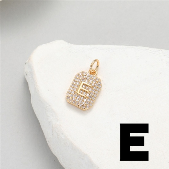 Picture of 1 Piece Brass Micro Pave Charms 14K Gold Plated Rectangle Capital Alphabet Initial Letter Message " E " Clear Cubic Zirconia 17mm x 9mm