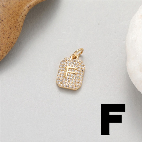 Picture of 1 Piece Brass Micro Pave Charms 14K Gold Plated Rectangle Capital Alphabet Initial Letter Message " F " Clear Cubic Zirconia 17mm x 9mm