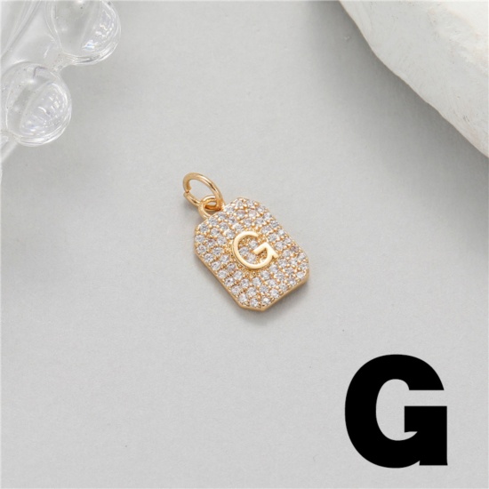 Picture of 1 Piece Brass Micro Pave Charms 14K Gold Plated Rectangle Capital Alphabet Initial Letter Message " G " Clear Cubic Zirconia 17mm x 9mm