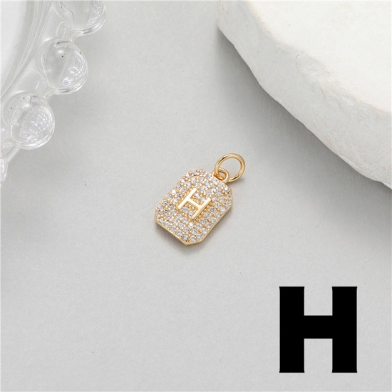 Picture of 1 Piece Brass Micro Pave Charms 14K Gold Plated Rectangle Capital Alphabet Initial Letter Message " H " Clear Cubic Zirconia 17mm x 9mm