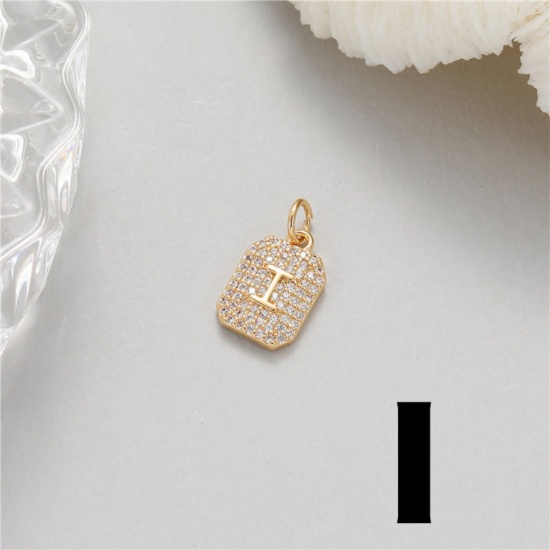 Picture of 1 Piece Brass Micro Pave Charms 14K Gold Plated Rectangle Capital Alphabet Initial Letter Message " I " Clear Cubic Zirconia 17mm x 9mm