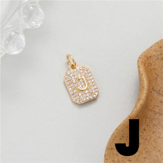 Picture of 1 Piece Brass Micro Pave Charms 14K Gold Plated Rectangle Capital Alphabet Initial Letter Message " J " Clear Cubic Zirconia 17mm x 9mm