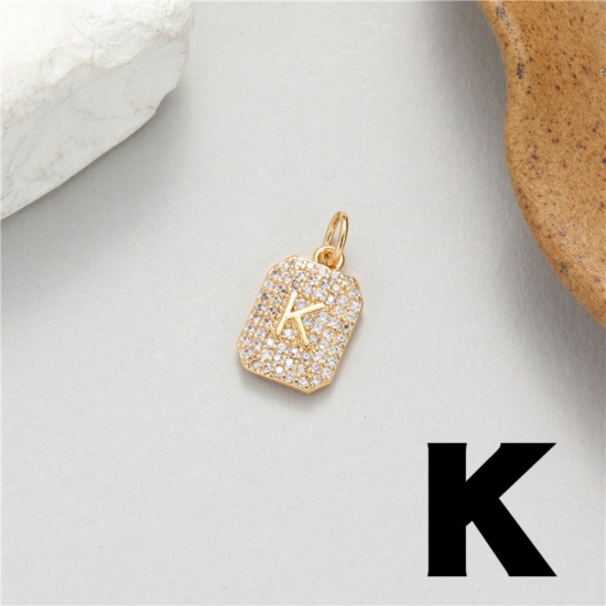 Picture of 1 Piece Brass Micro Pave Charms 14K Gold Plated Rectangle Capital Alphabet Initial Letter Message " K " Clear Cubic Zirconia 17mm x 9mm