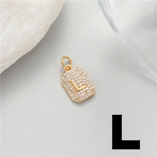 Picture of 1 Piece Brass Micro Pave Charms 14K Gold Plated Rectangle Capital Alphabet Initial Letter Message " L " Clear Cubic Zirconia 17mm x 9mm