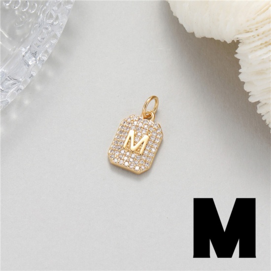 Picture of 1 Piece Brass Micro Pave Charms 14K Gold Plated Rectangle Capital Alphabet Initial Letter Message " M " Clear Cubic Zirconia 17mm x 9mm