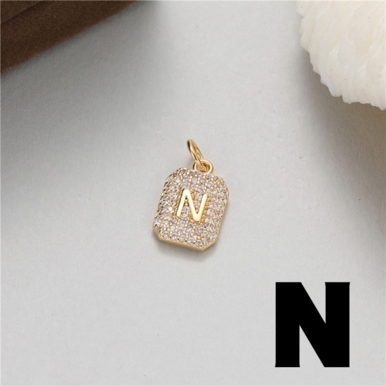 Picture of 1 Piece Brass Micro Pave Charms 14K Gold Plated Rectangle Capital Alphabet Initial Letter Message " N " Clear Cubic Zirconia 17mm x 9mm