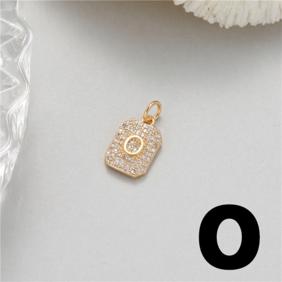 Picture of 1 Piece Brass Micro Pave Charms 14K Gold Plated Rectangle Capital Alphabet Initial Letter Message " O " Clear Cubic Zirconia 17mm x 9mm