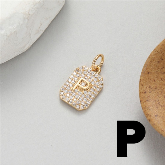 Picture of 1 Piece Brass Micro Pave Charms 14K Gold Plated Rectangle Capital Alphabet Initial Letter Message " P " Clear Cubic Zirconia 17mm x 9mm