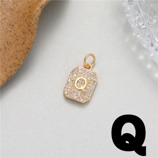 Picture of 1 Piece Brass Micro Pave Charms 14K Gold Plated Rectangle Capital Alphabet Initial Letter Message " Q " Clear Cubic Zirconia 17mm x 9mm