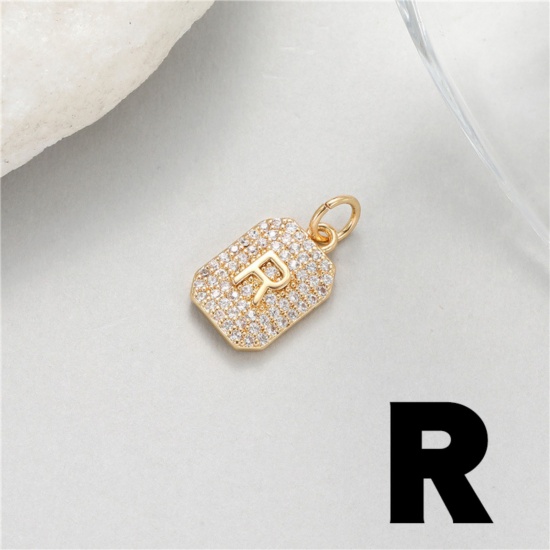 Picture of 1 Piece Brass Micro Pave Charms 14K Gold Plated Rectangle Capital Alphabet Initial Letter Message " R " Clear Cubic Zirconia 17mm x 9mm