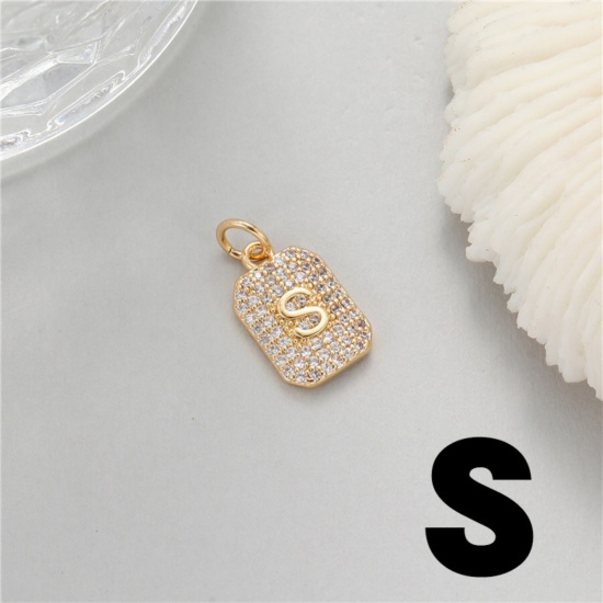 Picture of 1 Piece Brass Micro Pave Charms 14K Gold Plated Rectangle Capital Alphabet Initial Letter Message " S " Clear Cubic Zirconia 17mm x 9mm