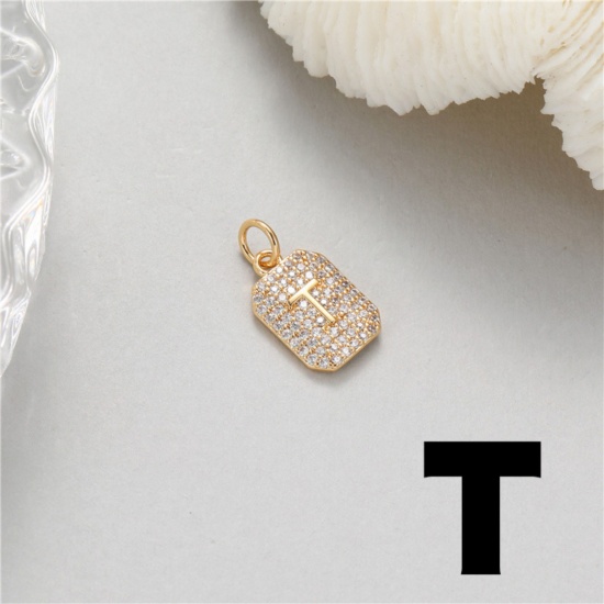 Picture of 1 Piece Brass Micro Pave Charms 14K Gold Plated Rectangle Capital Alphabet Initial Letter Message " T " Clear Cubic Zirconia 17mm x 9mm