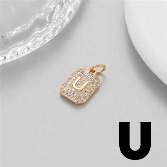 Picture of 1 Piece Brass Micro Pave Charms 14K Gold Plated Rectangle Capital Alphabet Initial Letter Message " U " Clear Cubic Zirconia 17mm x 9mm