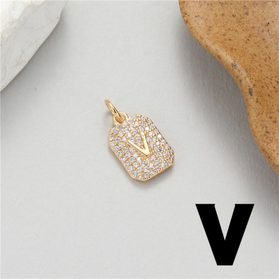 Picture of 1 Piece Brass Micro Pave Charms 14K Gold Plated Rectangle Capital Alphabet Initial Letter Message " V " Clear Cubic Zirconia 17mm x 9mm