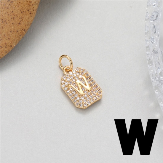 Picture of 1 Piece Brass Micro Pave Charms 14K Gold Plated Rectangle Capital Alphabet Initial Letter Message " W " Clear Cubic Zirconia 17mm x 9mm