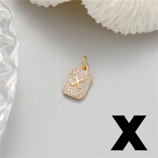 Picture of 1 Piece Brass Micro Pave Charms 14K Gold Plated Rectangle Capital Alphabet Initial Letter Message " X " Clear Cubic Zirconia 17mm x 9mm