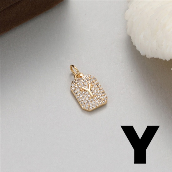 Picture of 1 Piece Brass Micro Pave Charms 14K Gold Plated Rectangle Capital Alphabet Initial Letter Message " Y " Clear Cubic Zirconia 17mm x 9mm