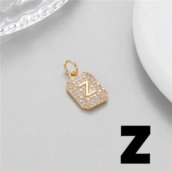 Picture of 1 Piece Brass Micro Pave Charms 14K Gold Plated Rectangle Capital Alphabet Initial Letter Message " Z " Clear Cubic Zirconia 17mm x 9mm