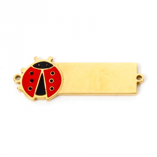 Immagine di 1 Pz Placcatura Sottovuoto 304 Acciaio Inossidabile Etichette di Stampaggio Vuote Pendenti Charms Connettori Rettangolo Coccinella Placcato Oro 18K Smalto 3.1cm x 1.1cm