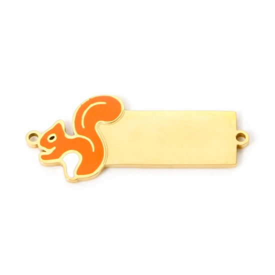 Picture of 1 Piece 304 Stainless Steel Blank Stamping Tags Connectors Charms Pendants Rectangle Squirrel 18K Gold Plated Enamel 3.1cm x 1cm