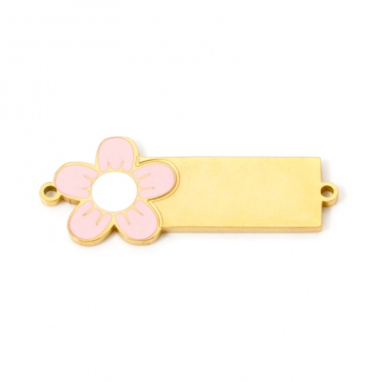 Immagine di 1 Pz Placcatura Sottovuoto 304 Acciaio Inossidabile Etichette di Stampaggio Vuote Pendenti Charms Connettori Rettangolo Fiore Placcato Oro 18K Smalto 3cm x 1.2cm