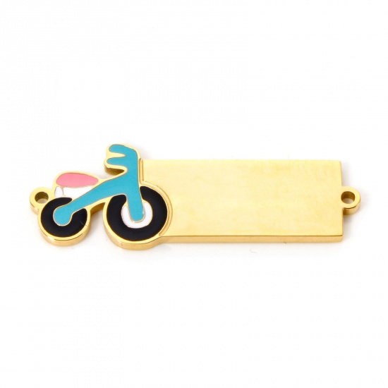 Picture of 1 Piece 304 Stainless Steel Blank Stamping Tags Connectors Charms Pendants Rectangle Bicycle 18K Gold Plated Enamel 3.1cm x 1cm