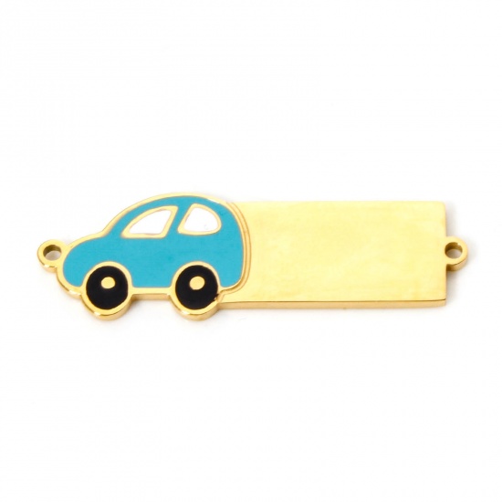 Picture of 1 Piece 304 Stainless Steel Blank Stamping Tags Connectors Charms Pendants Rectangle Car 18K Gold Plated Enamel 3.1cm x 1cm