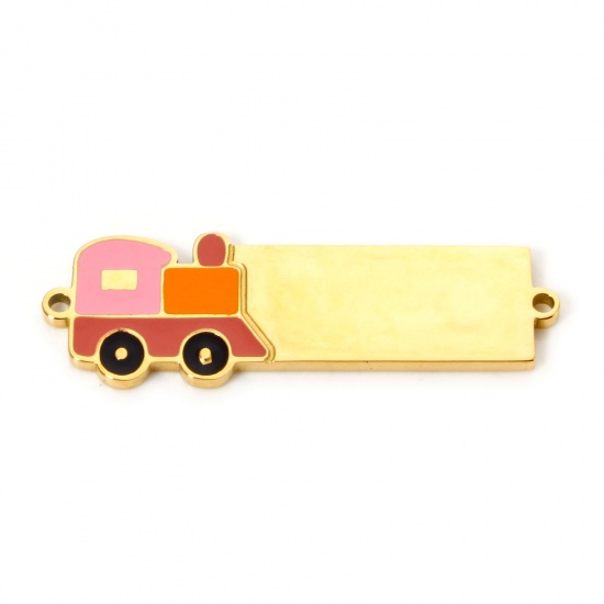 Immagine di 1 Pz Placcatura Sottovuoto 304 Acciaio Inossidabile Etichette di Stampaggio Vuote Pendenti Charms Connettori Rettangolo locomotive Placcato Oro 18K Smalto 3.1cm x 1cm