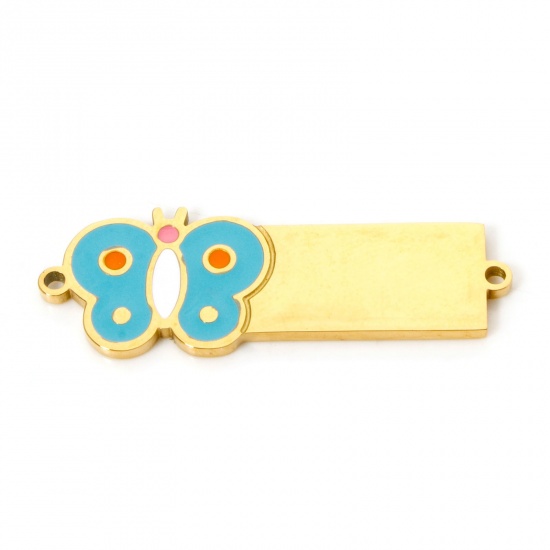 Picture of 1 Piece 304 Stainless Steel Blank Stamping Tags Connectors Charms Pendants Rectangle Butterfly 18K Gold Plated Enamel 3.1cm x 1cm