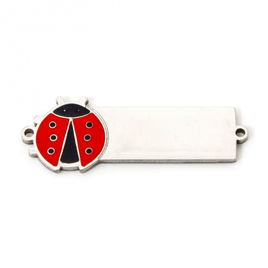 Picture of 1 Piece 304 Stainless Steel Blank Stamping Tags Connectors Charms Pendants Rectangle Ladybird Silver Tone Enamel 3.1cm x 1cm