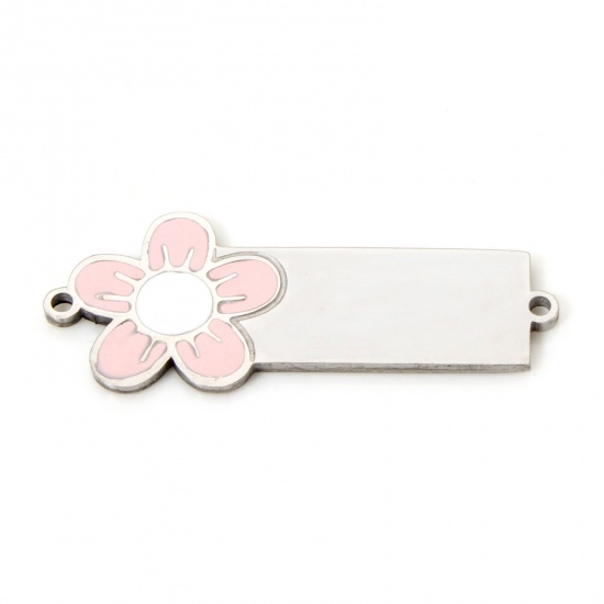 Picture of 1 Piece 304 Stainless Steel Blank Stamping Tags Connectors Charms Pendants Rectangle Flower Silver Tone Enamel 3.1cm x 1cm