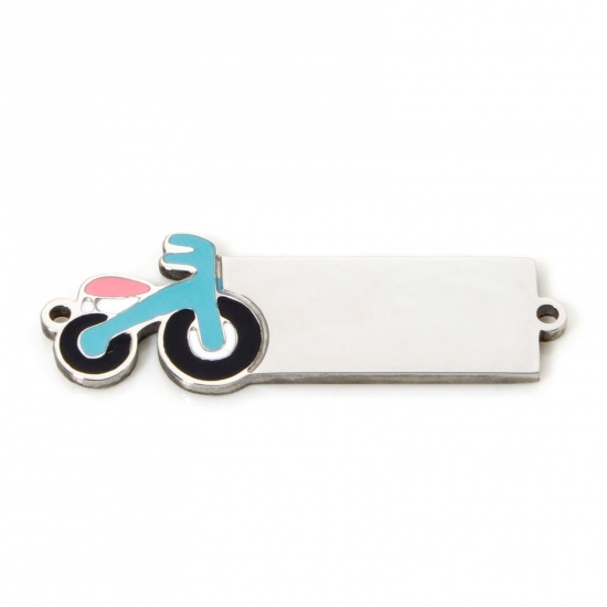 Immagine di 1 Pz 304 Acciaio Inossidabile Etichette di Stampaggio Vuote Pendenti Charms Connettori Rettangolo Bicicletta Tono Argento Smalto 3cm x 1.1cm