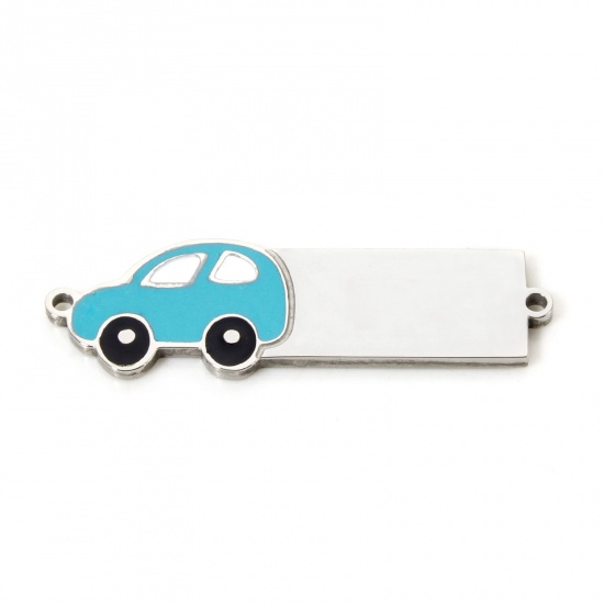 Picture of 1 Piece 304 Stainless Steel Blank Stamping Tags Connectors Charms Pendants Rectangle Car Silver Tone Enamel 3.1cm x 1cm