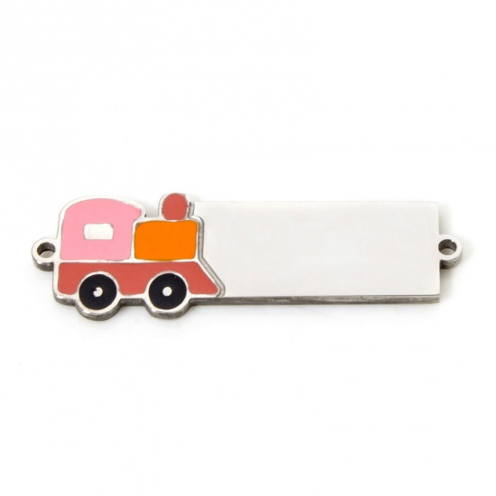 Picture of 1 Piece 304 Stainless Steel Blank Stamping Tags Connectors Charms Pendants Rectangle Locomotive Silver Tone Enamel 3.1cm x 1cm