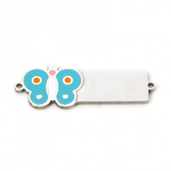 Picture of 1 Piece 304 Stainless Steel Blank Stamping Tags Connectors Charms Pendants Rectangle Butterfly Silver Tone Enamel 3.1cm x 1cm