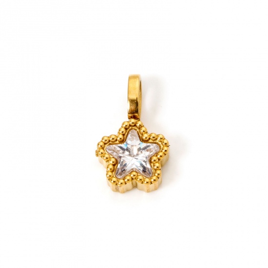 Picture of 2 PCs Eco-friendly PVD Vacuum Plating 304 Stainless Steel Galaxy Charms 14K Gold Plated Pentagram Star Clear Cubic Zirconia 14mm x 8.5mm