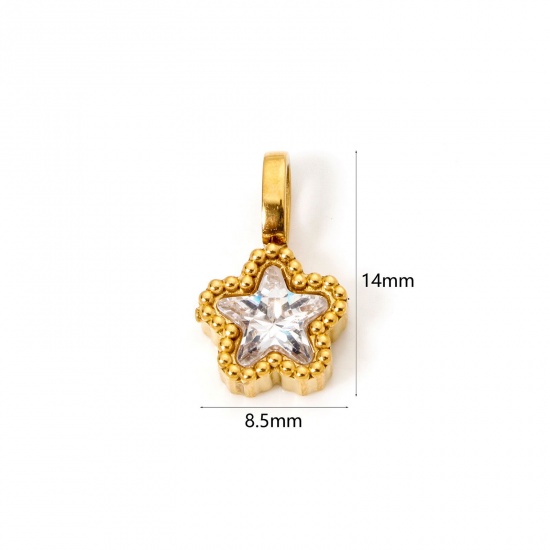 Picture of 2 PCs Eco-friendly PVD Vacuum Plating 304 Stainless Steel Galaxy Charms 14K Gold Plated Pentagram Star Clear Cubic Zirconia 14mm x 8.5mm