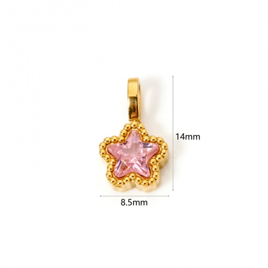 Picture of 2 PCs Eco-friendly PVD Vacuum Plating 304 Stainless Steel Galaxy Charms 14K Gold Plated Pentagram Star Pink Cubic Zirconia 14mm x 8.5mm